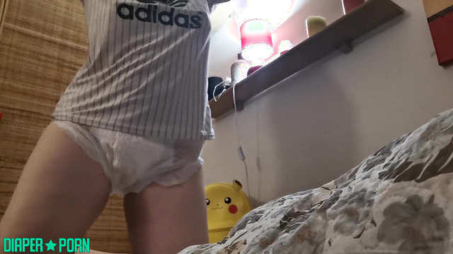 Brunette creaming in full diaper, moaning with big tits bouncing - ABDL Porn