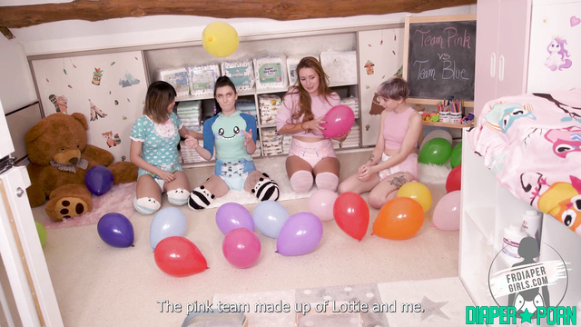 Four girls pissing in competition, balloons flying - FRDiapergirls