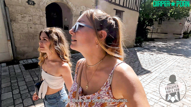 Redhead and blonde pissing in public, diapers full - FRDiapergirls