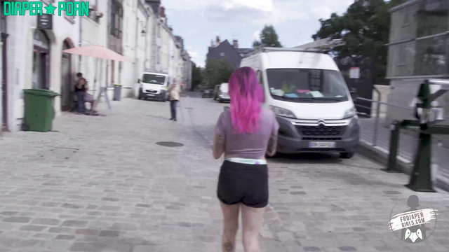 FRDiapergirls - Lola walks around town in her nappy and gets wet