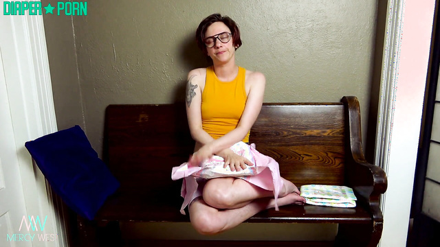 Mercy West horny sniffing tattoo while diaper creaming - ABDL Porn