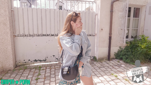 Redhead Charlotte leaking in public, diaper bulging - FRDiapergirls