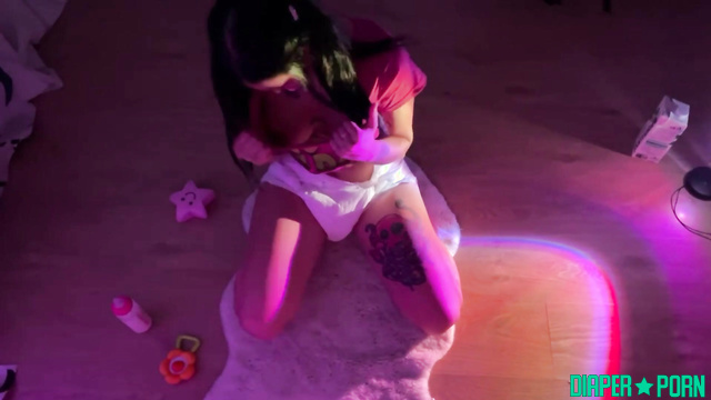 Xena's tits bouncing as she sucks bottle in nappy - ABDL Porn