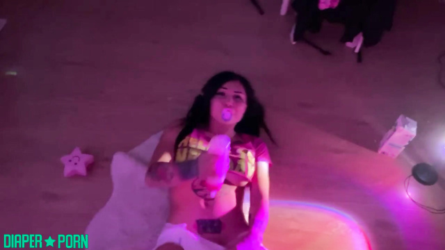 Xena's tits bouncing as she sucks bottle in nappy - ABDL Porn