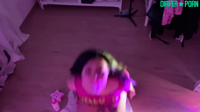 Xena's tits bouncing as she sucks bottle in nappy - ABDL Porn