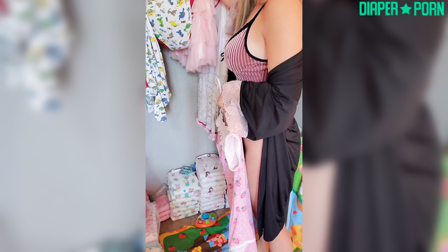 Blonde mother rubbing messy diaper in lingerie - ABDreams