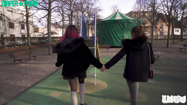 Ageplay in park, Lola and Charlotte grinding hard outdoors - FRDiapergirls