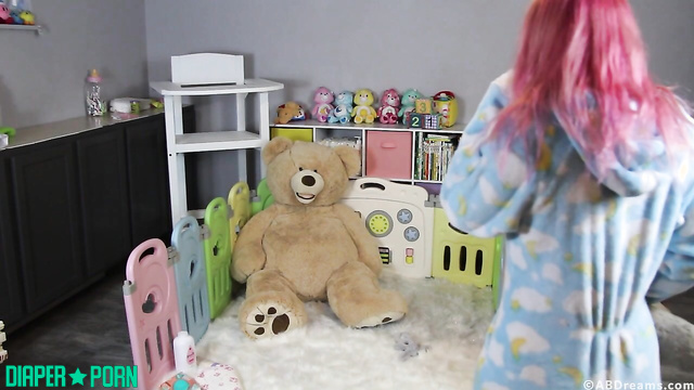 Pink-haired Chloe rubbing topless, dirty diaper soaked - ABDreams