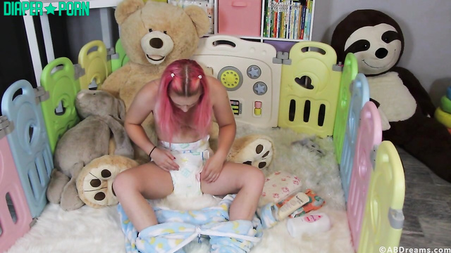 Pink-haired Chloe rubbing topless, dirty diaper soaked - ABDreams