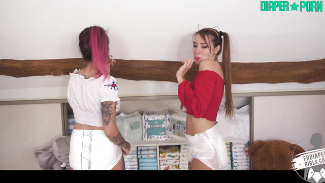 Topless teens sucking lollipop, tits bouncing wild - FRDiapergirls