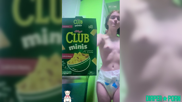 Topless brunette munching with pampers snug - LittleDiaperIdol
