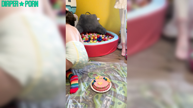 Brunette smearing cake on bare skin, giggling in regression - LittleDiaperIdol