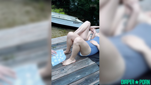 Outdoors, brunette babysitter diapering both with playful ageplay - LolaAndThenSome