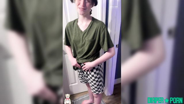 Brunette topless, pissing hard as dirty diaper leaks - LittleDiaperIdol