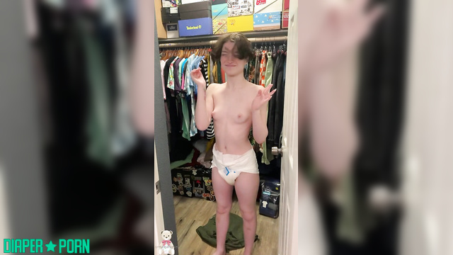 Brunette topless, pissing hard as dirty diaper leaks - LittleDiaperIdol