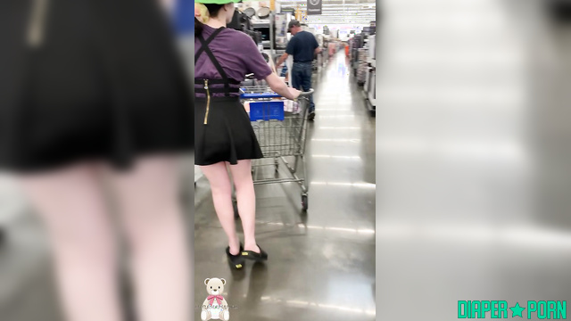 Brunette squatting, diaper pissing in public - LittleDiaperIdol