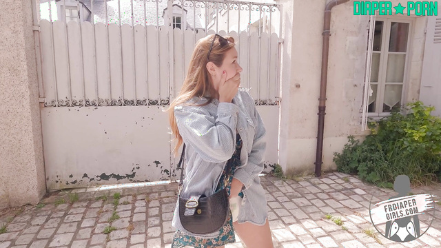 Charlotte's diaper bulging as she struts outdoors - FRDiapergirls