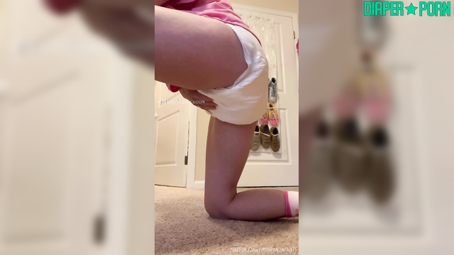 Brunette squatting wide, warm diaper bulging - Misspandapants