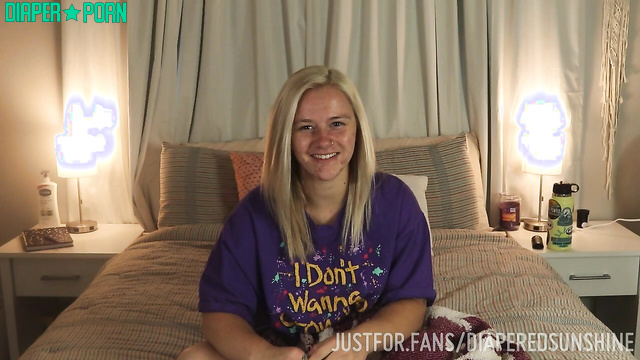 Blonde squatting wide, topless tease with sagging diaper - DiaperedSunshine