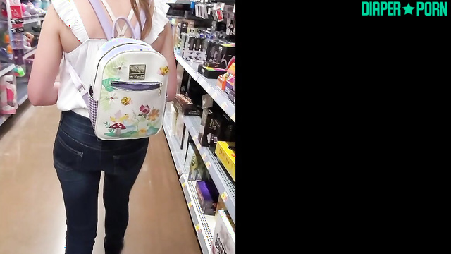 Blonde bends over, diaper peeks under skirt - BabyFluffyBunny