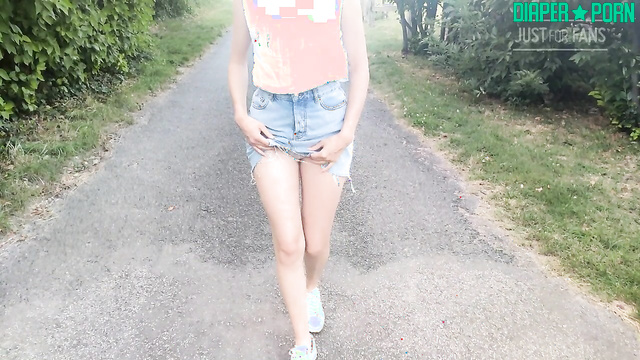 Risky diaper pleasure outdoors, skirt teasing - DiaperRosie
