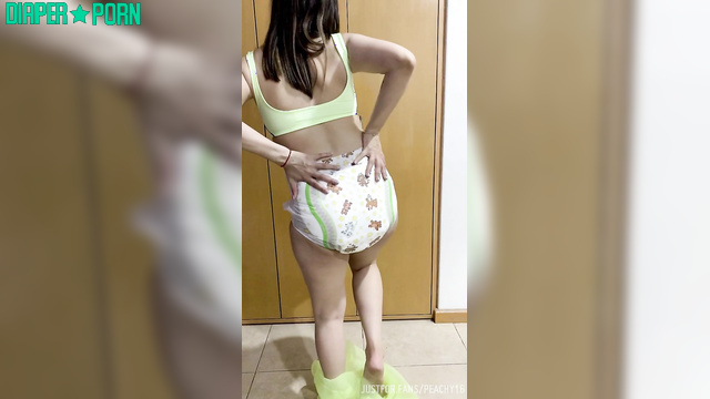 Brunette solo teasing with diaper play, moaning loud - BabyPeachy