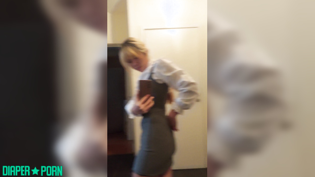 Blonde office tease reveals hidden diaper - AsianDiaperCutie