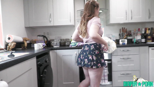 Brunette bending for chores, diaper peeking - UKDiaperGirls
