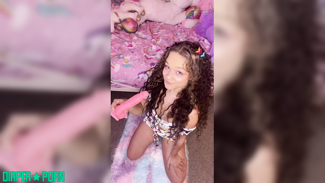 Brunette deepthroating dildo, crinkly nappy caress - LittleKikiCali