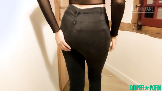 Lingerie brunette pants soaked, messy diaper hidden - DiaperRosie