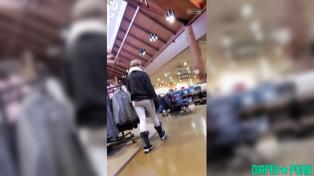Blonde in store, nappy bulging under skirt - BabyFluffyBunny