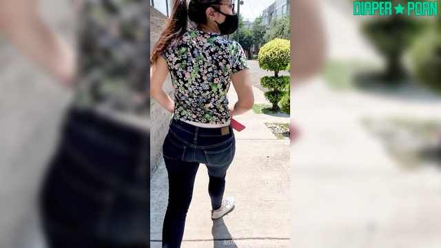 Jeans grinding hard, crinkly nappy teasing outdoors – BabyPeachy
