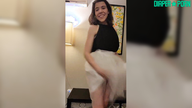 Brunette strips in mirror, diaper bulging - BabyFluffyBunny