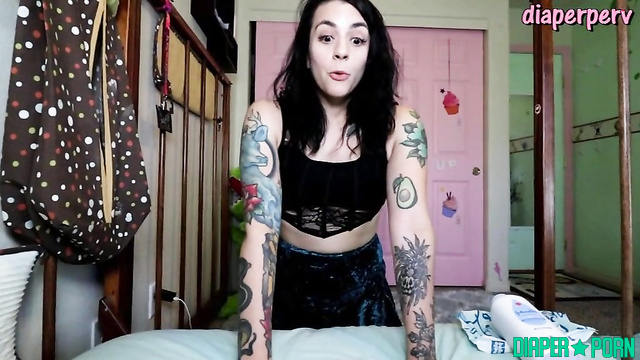 Tattooed brunette moaning, toy deep in ruined diaper - Ineedamommy