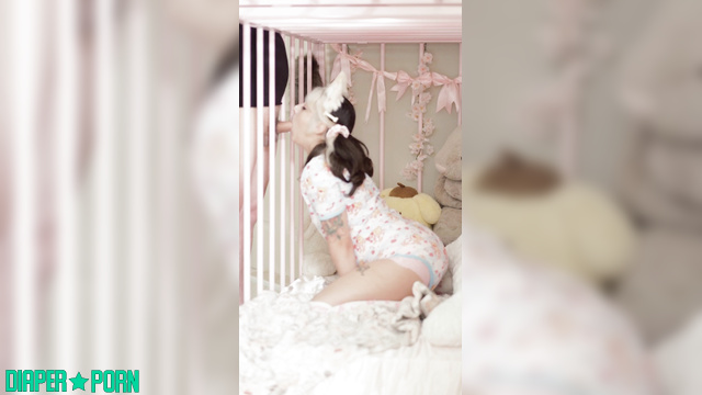 Tattooed brunette in crib, sloppy blowjob ageplay - ABDreams