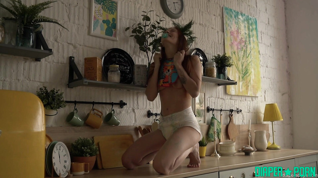 Diapers Days - Naughty ginger hair girl was left alone in a diaper