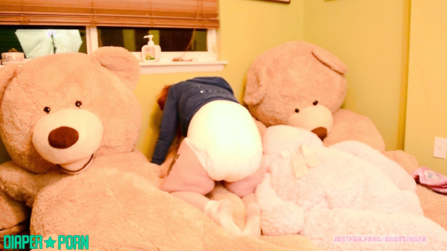 Ginger ABDL - Redhead hugs a teddy bear and moans from an enema in a diaper